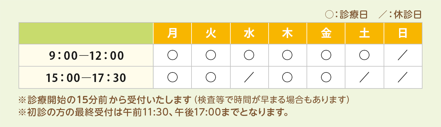 9:00〜12:00、15:00〜17:30、休診日：水曜午後・土曜午後・日曜・祝日